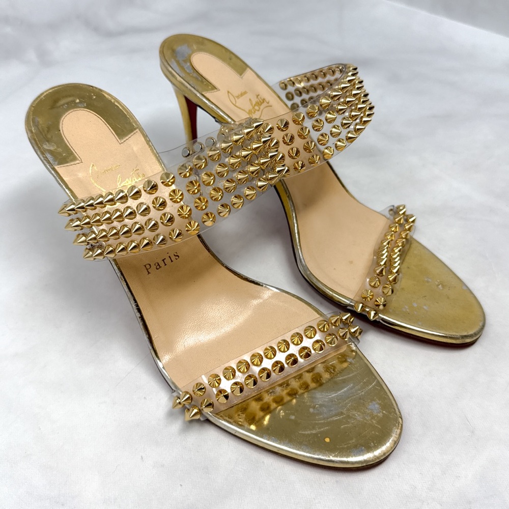Christian Louboutin Spikes Only PVC Chrome Open Toe Mule Sandal Heels Gold 42 - Picture 6 of 16